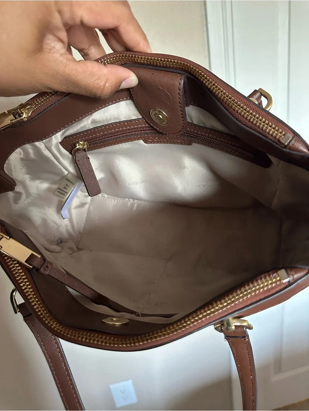 Calvin Klein Chocolate Brown Saffiano Shoulder Bag with Gold Hardware